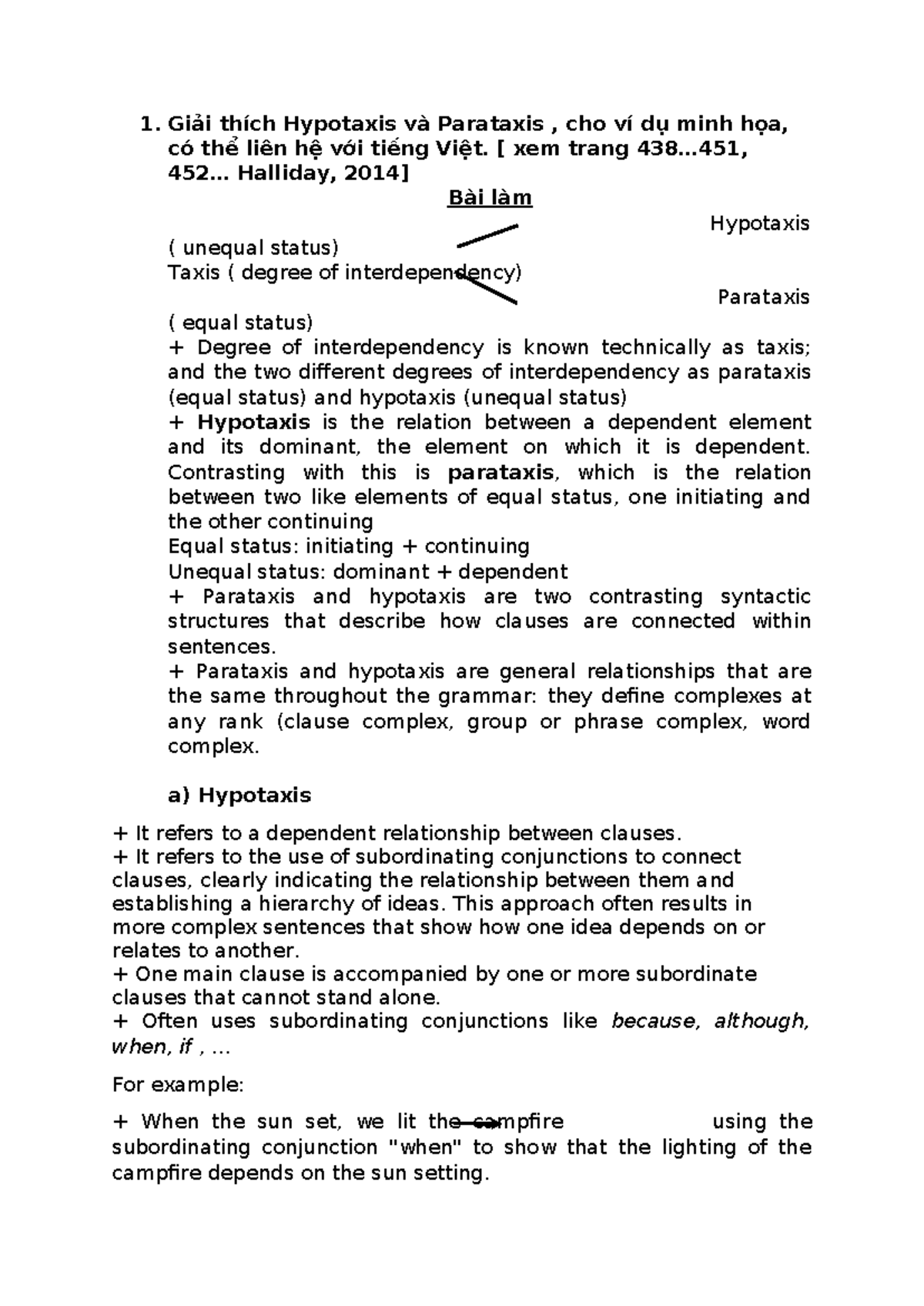 Bài Tập Ngữ Pháp Chức Năng: Hypotaxis và Parataxis trong Tiếng Việt -  Studocu