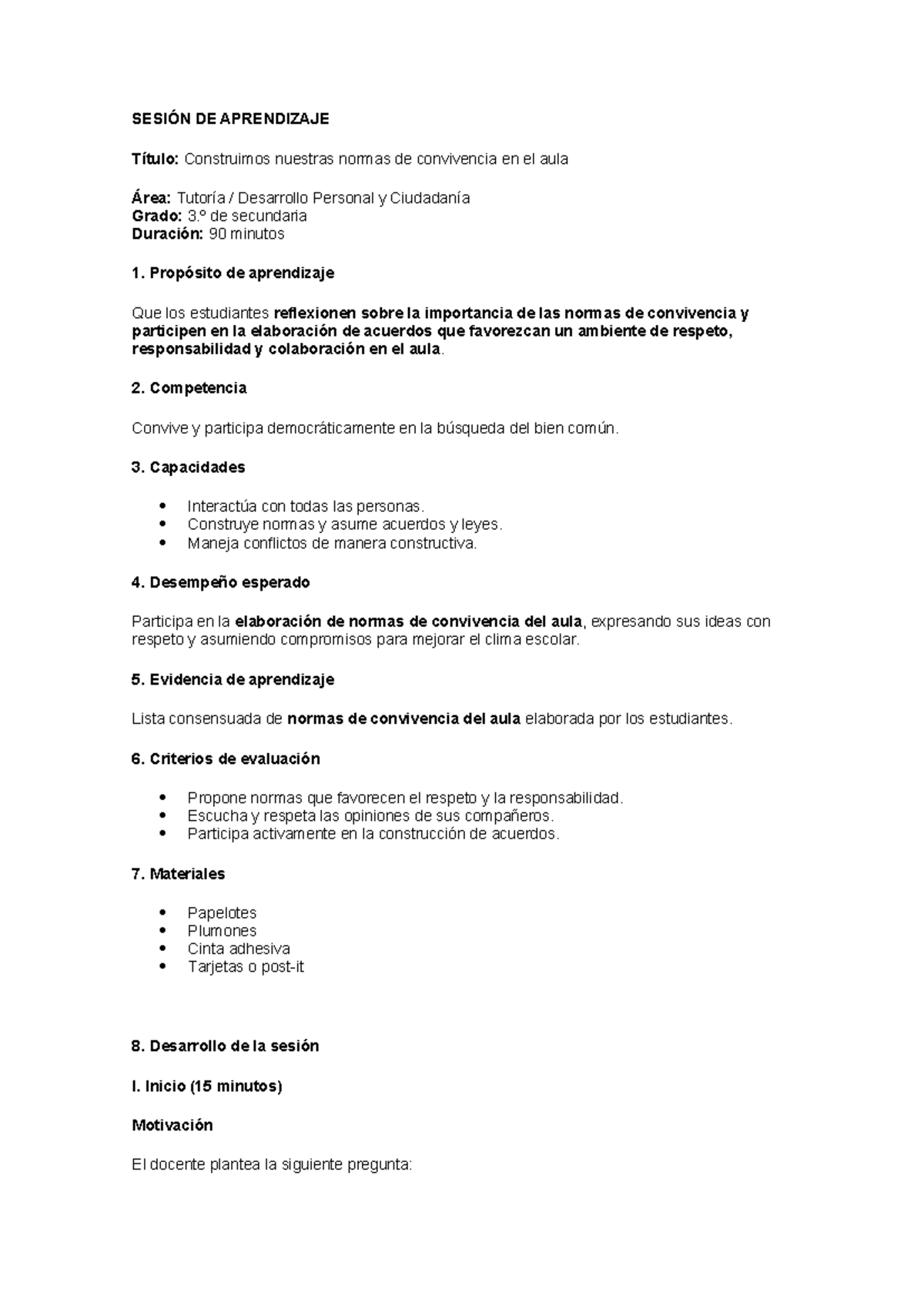 Construcción de Normas de Convivencia en Aula - 3.º Secundaria - Studocu