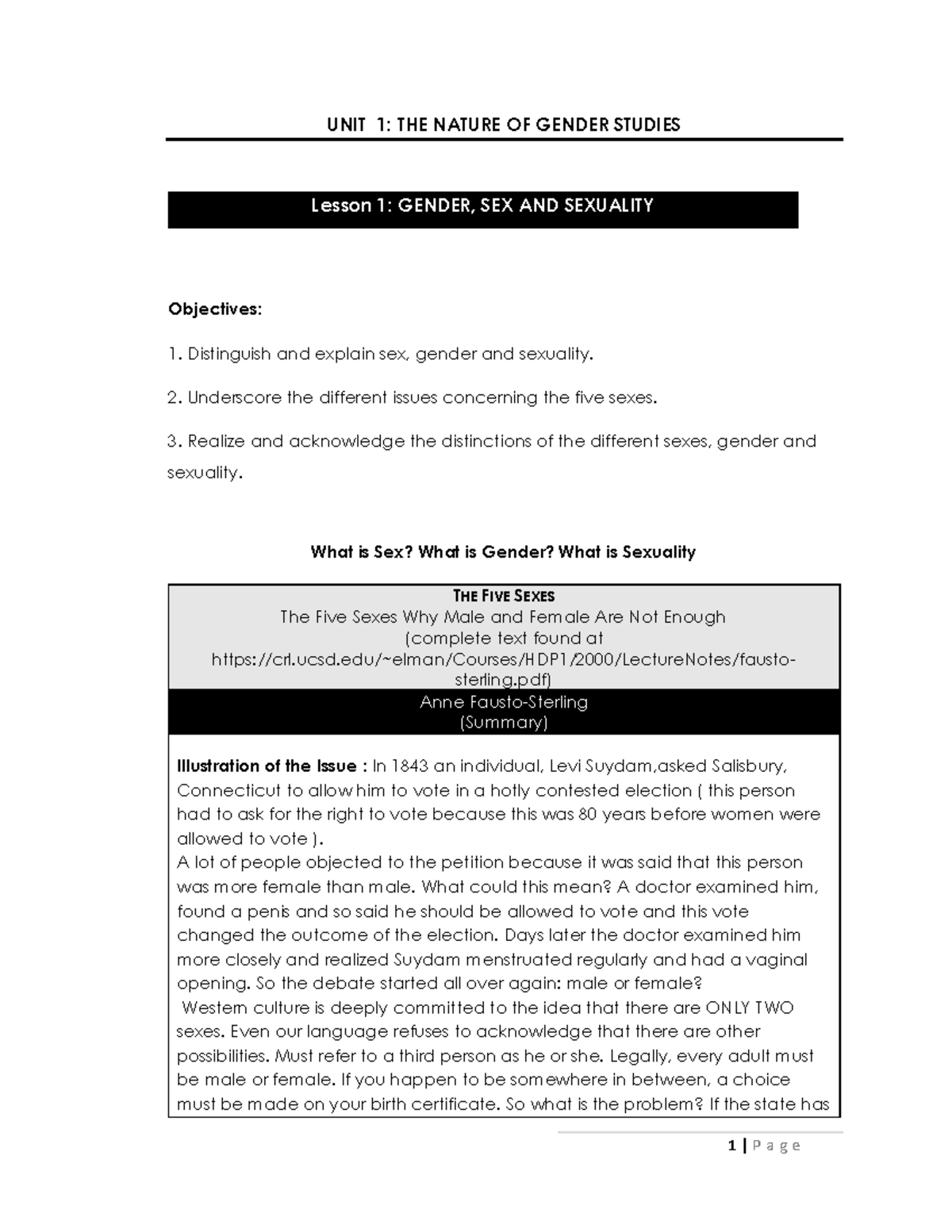 G Elect 2 Lesson 1 - Gender and Society Notes - UNIT 1: THE NATURE OF ...
