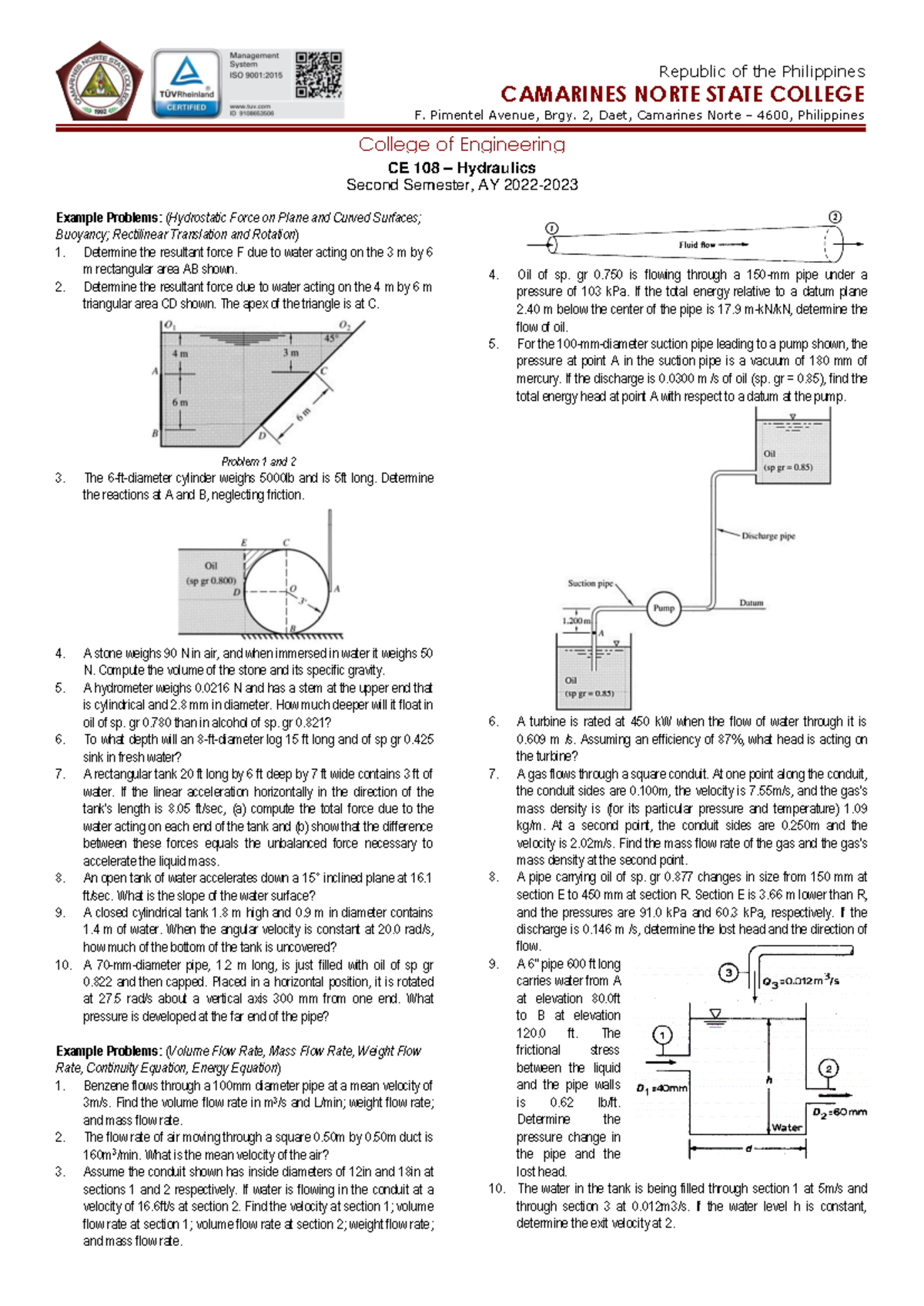 CE 108 Example Problems WEEK 9: Hydrostatics & Flow Rate Calculations ...