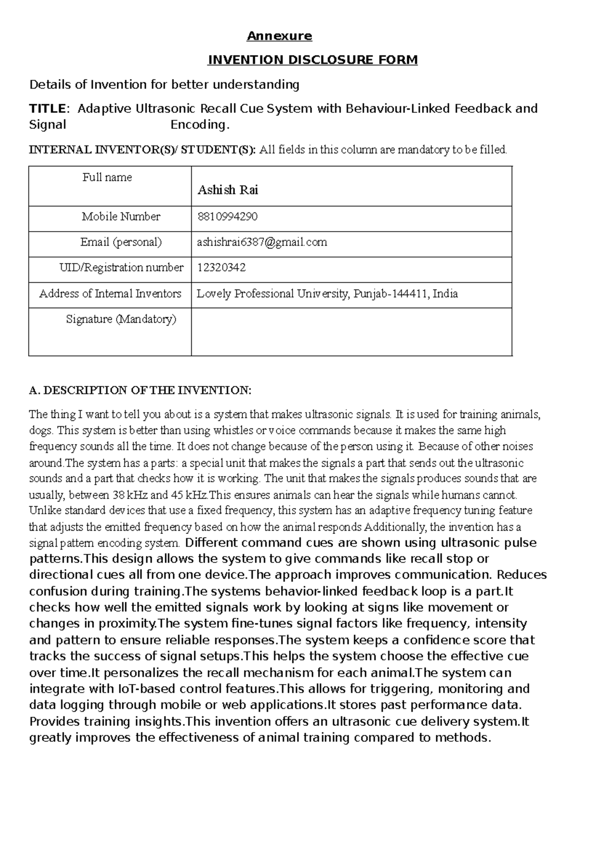 Adaptive Ultrasonic Recall Cue System (AURCS) - Invention Disclosure ...