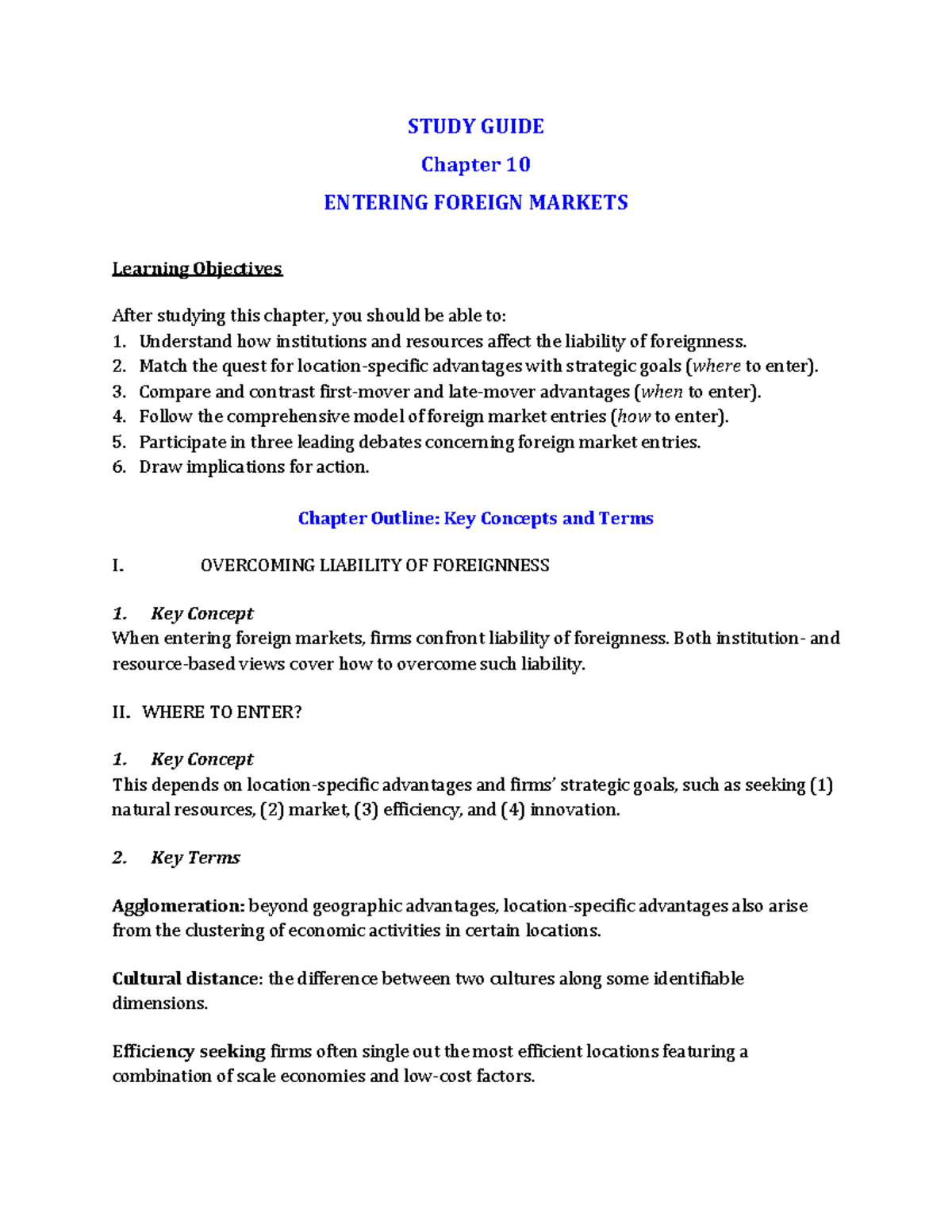Peng, INTM 490 Chapter 10 Study Guide: Foreign Market Entry - Studocu