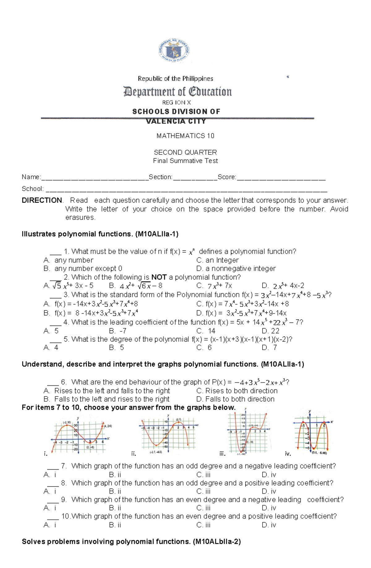 Math10 Q2 Final Summative Test on Polynomial Functions and Geometry ...