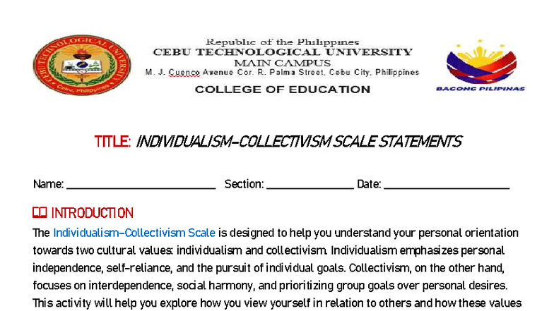 SCALE STATEMENTS: Individualism vs. Collectivism Assessment - Studocu