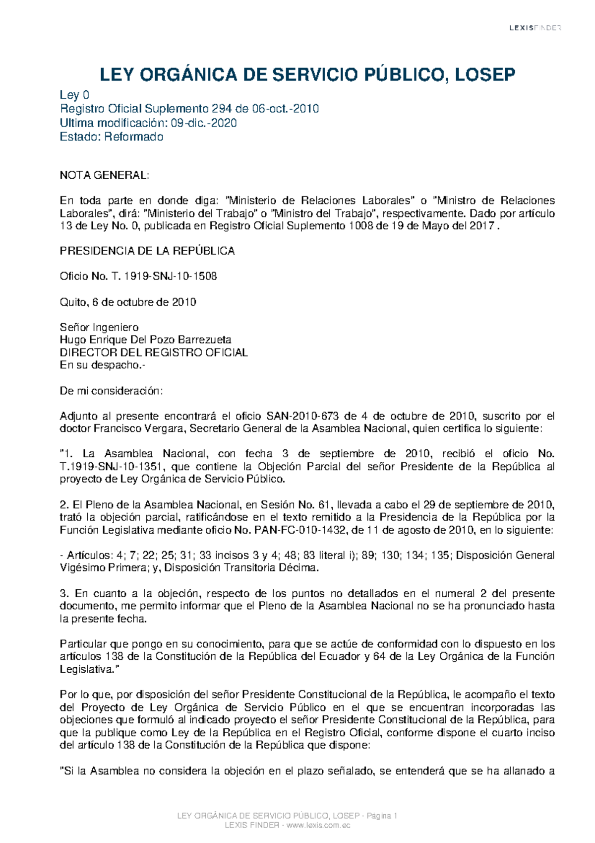 LEY ORGÁNICA DE SERVICIO PÚBLICO, LOSEP - Actualización 2025 - Studocu