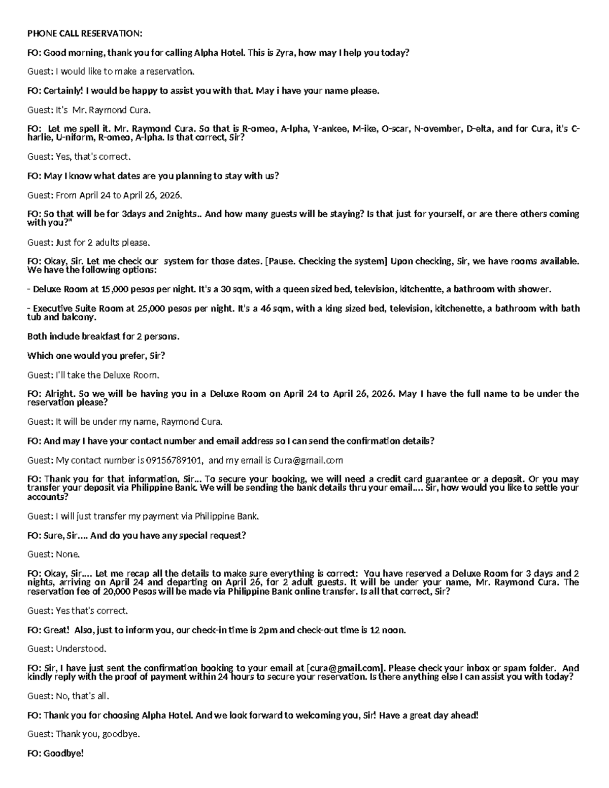 FOS Script for Hotel Reservations and Guest Assistance - Studocu