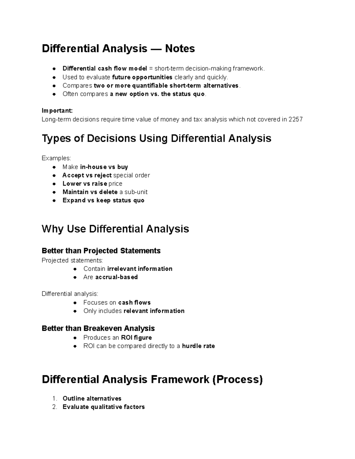 Differential Analysis Notes (2257) - Cash Flow Model Framework - Studocu