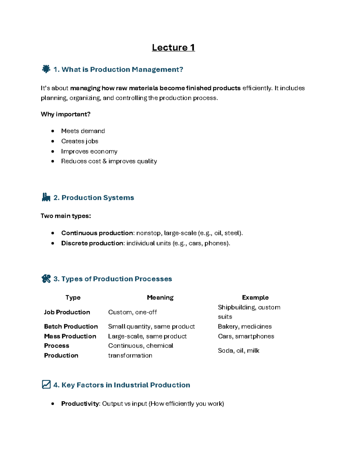 Lecture Notes on Production Management (Lectures 1-3) - Studocu