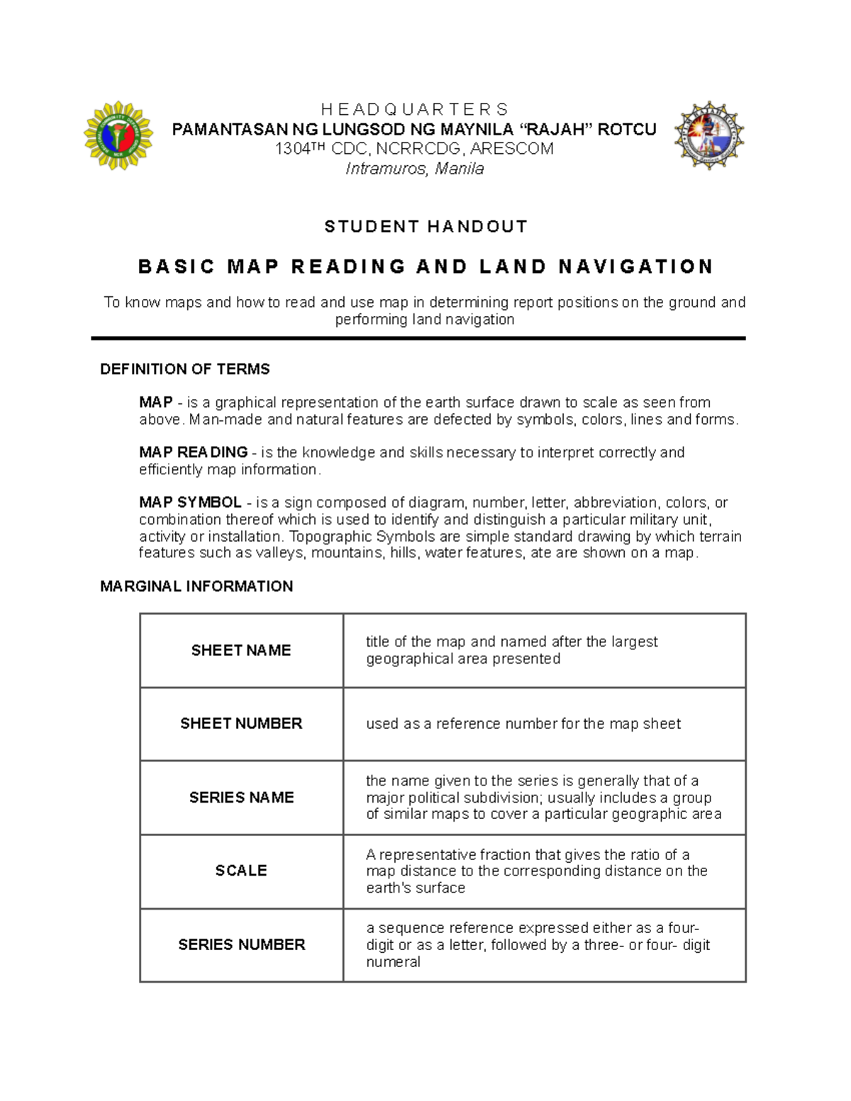 ROTC 1304 Final Exam Reviewer: Basic Map Reading & Navigation - Studocu