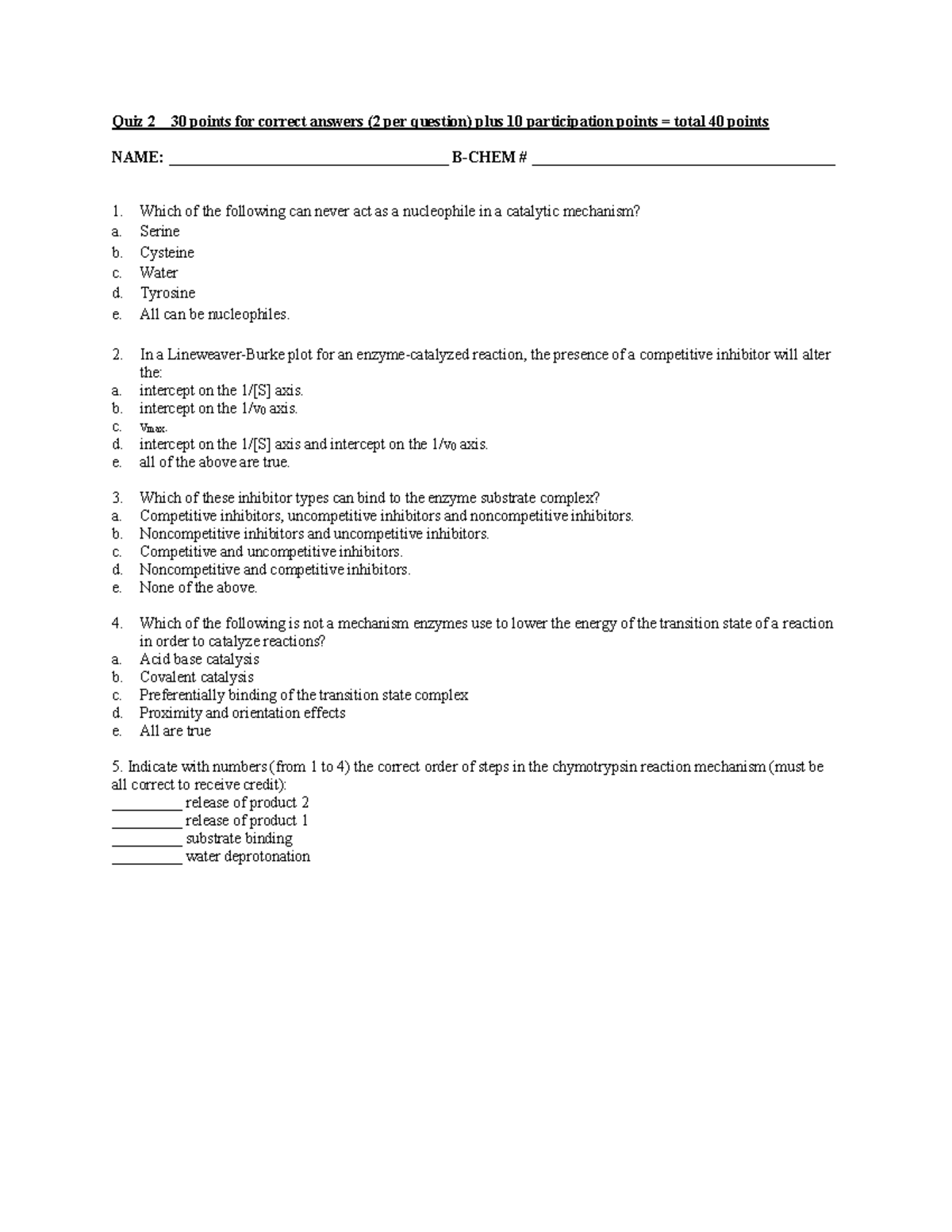 Quiz 2: Enzyme Mechanisms and Catalysis Concepts - Studocu