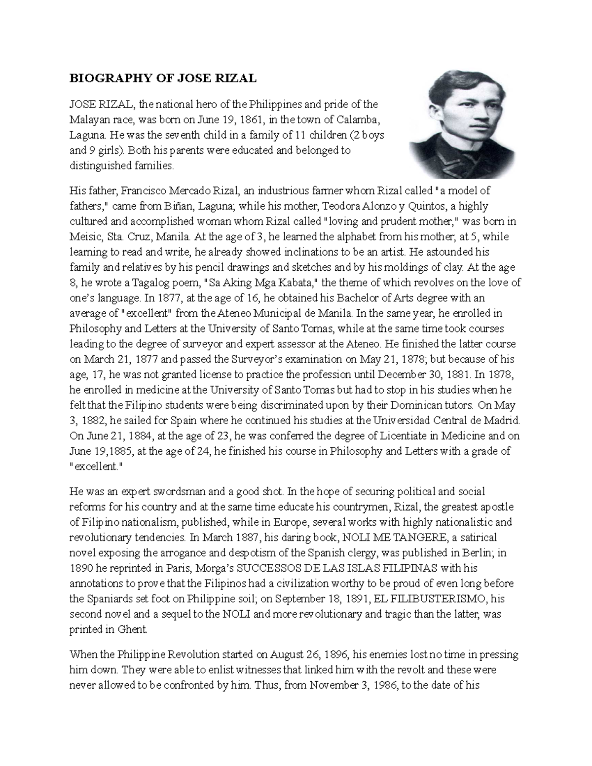 Jose Rizal: Life and Legacy of the Philippine National Hero - Studocu