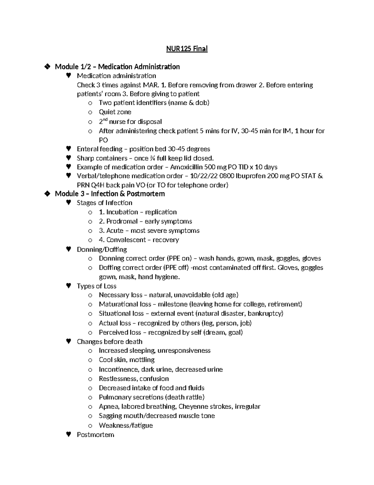 NUR125 Final Exam Study Guide: Medication Admin, Infection, and Care ...
