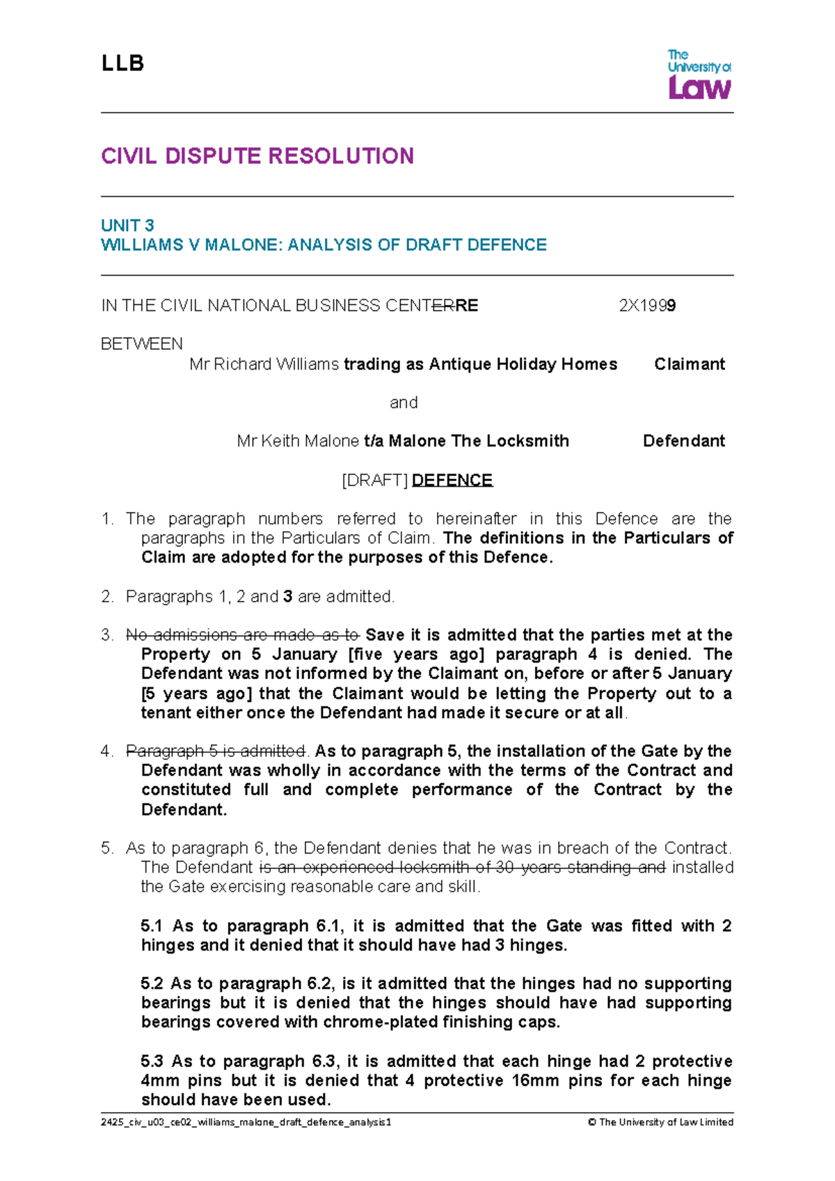 2425 CIV U03 CE02 Williams v Malone Draft Defence Analysis - Studocu
