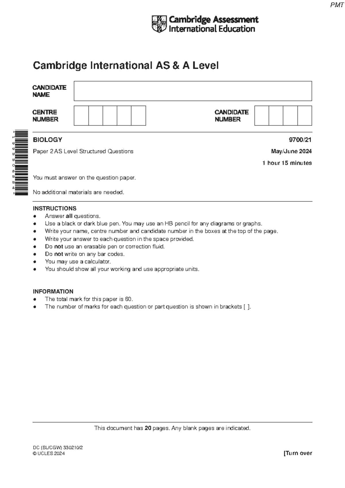 Cambridge International AS A Level 9700 Biology Paper 2 Structured ...