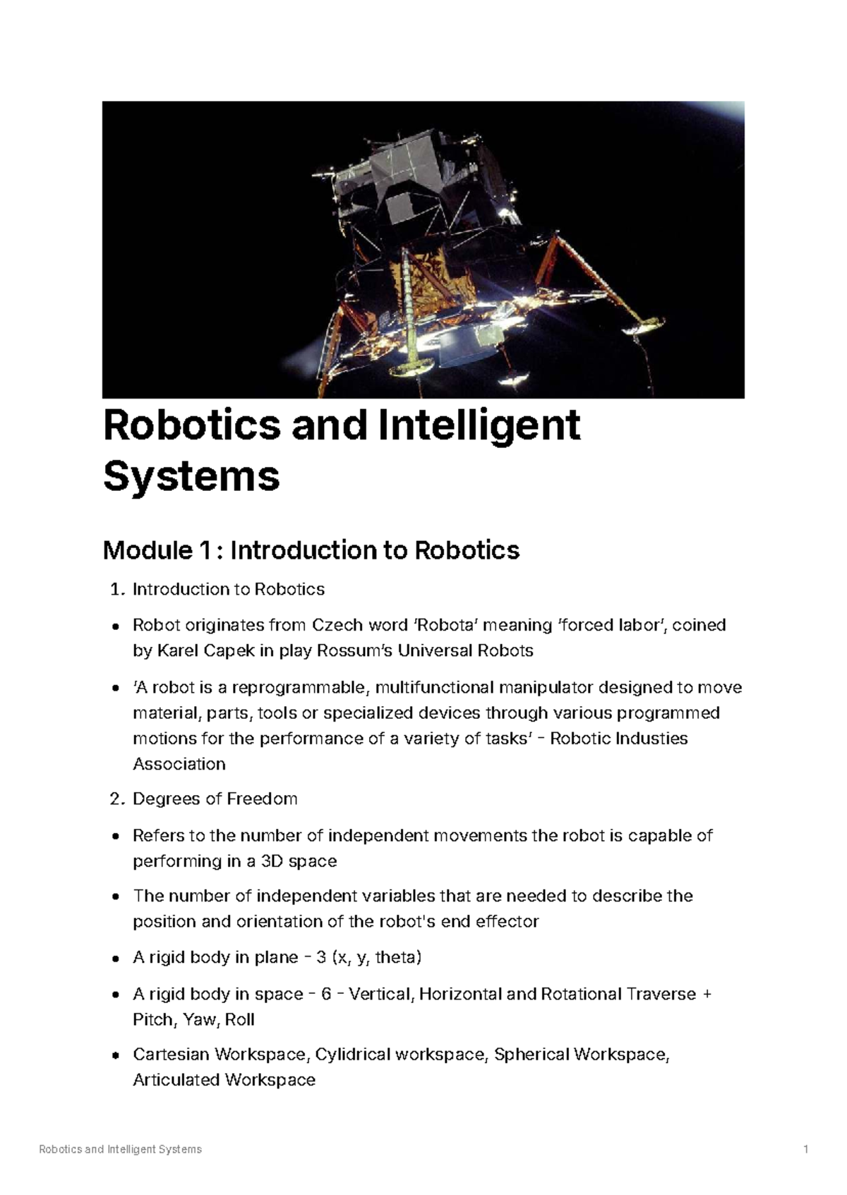 Robotics and Intelligent Systems Module 1: Intro to Robotics Concepts ...