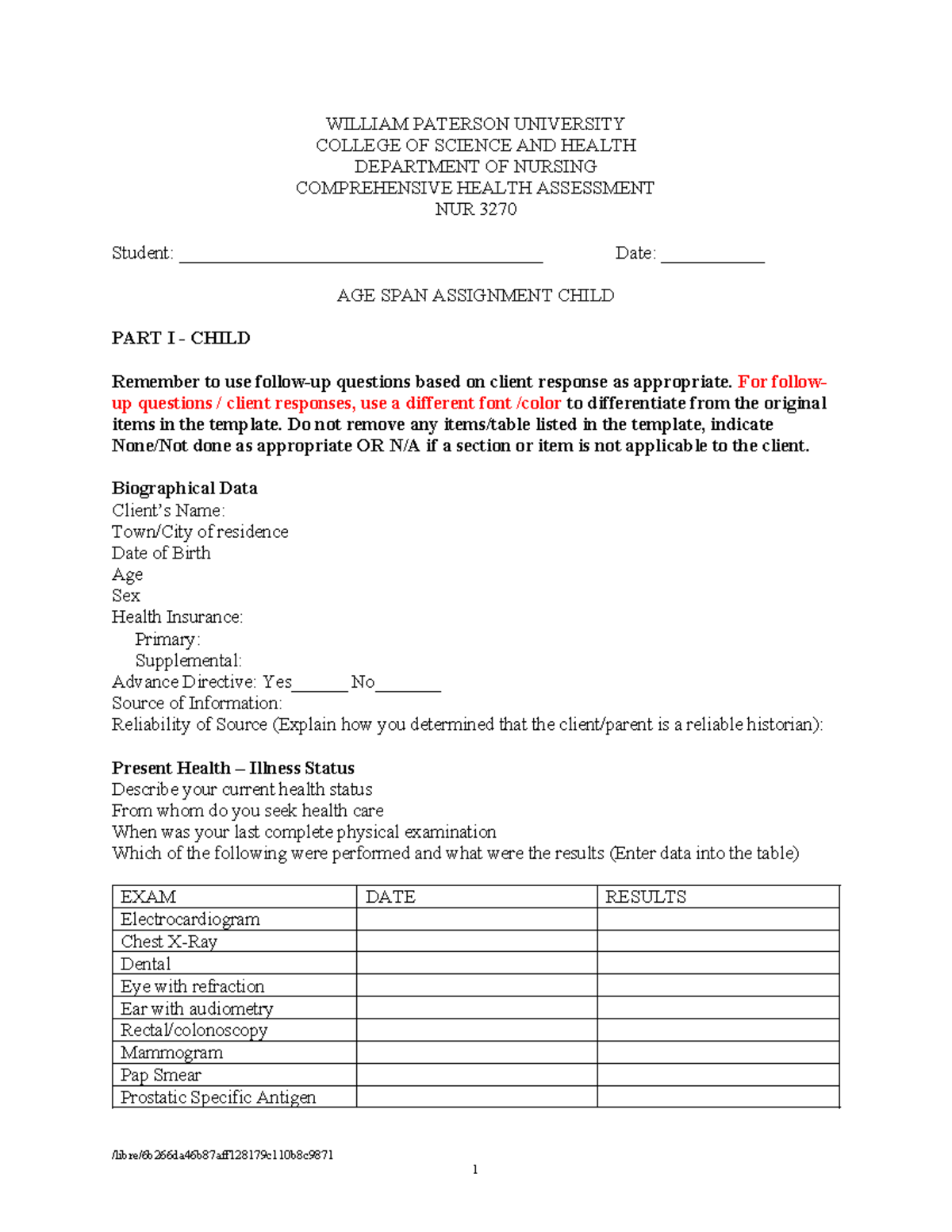 NUR 3270 Comprehensive Child Health Assessment Template - Studocu