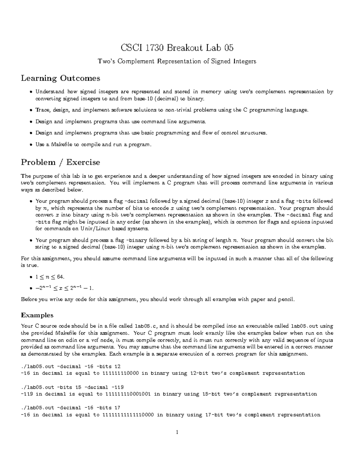 CSCI 1730 Lab 05: Complement Representation of Signed Integers - Studocu