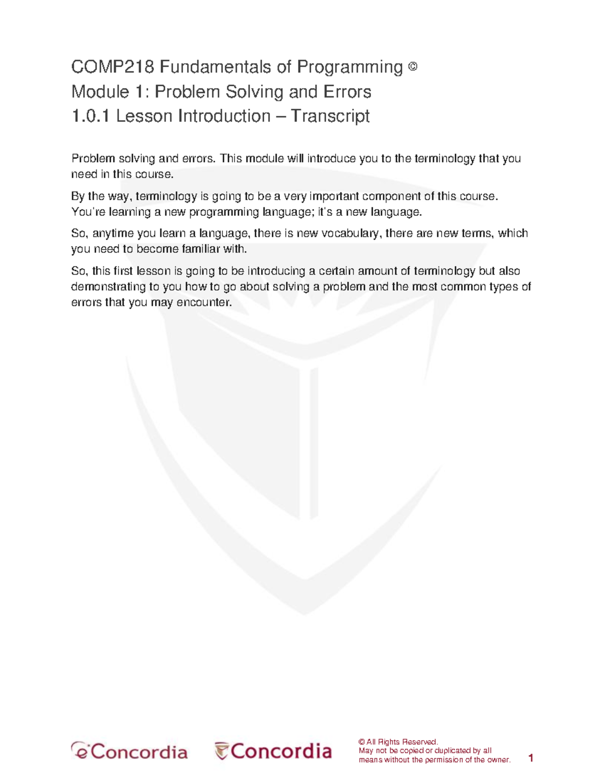 COMP218 Module 1: Intro to Problem Solving & Errors Transcript - Studocu