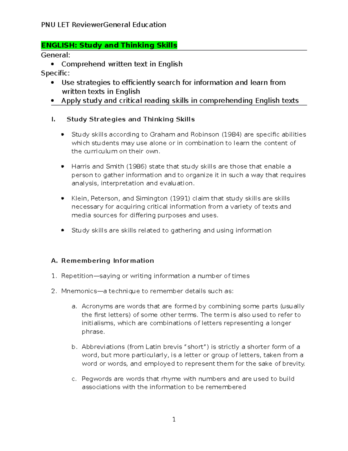 PNU LET Reviewer: General Education Study and Thinking Skills Guide ...