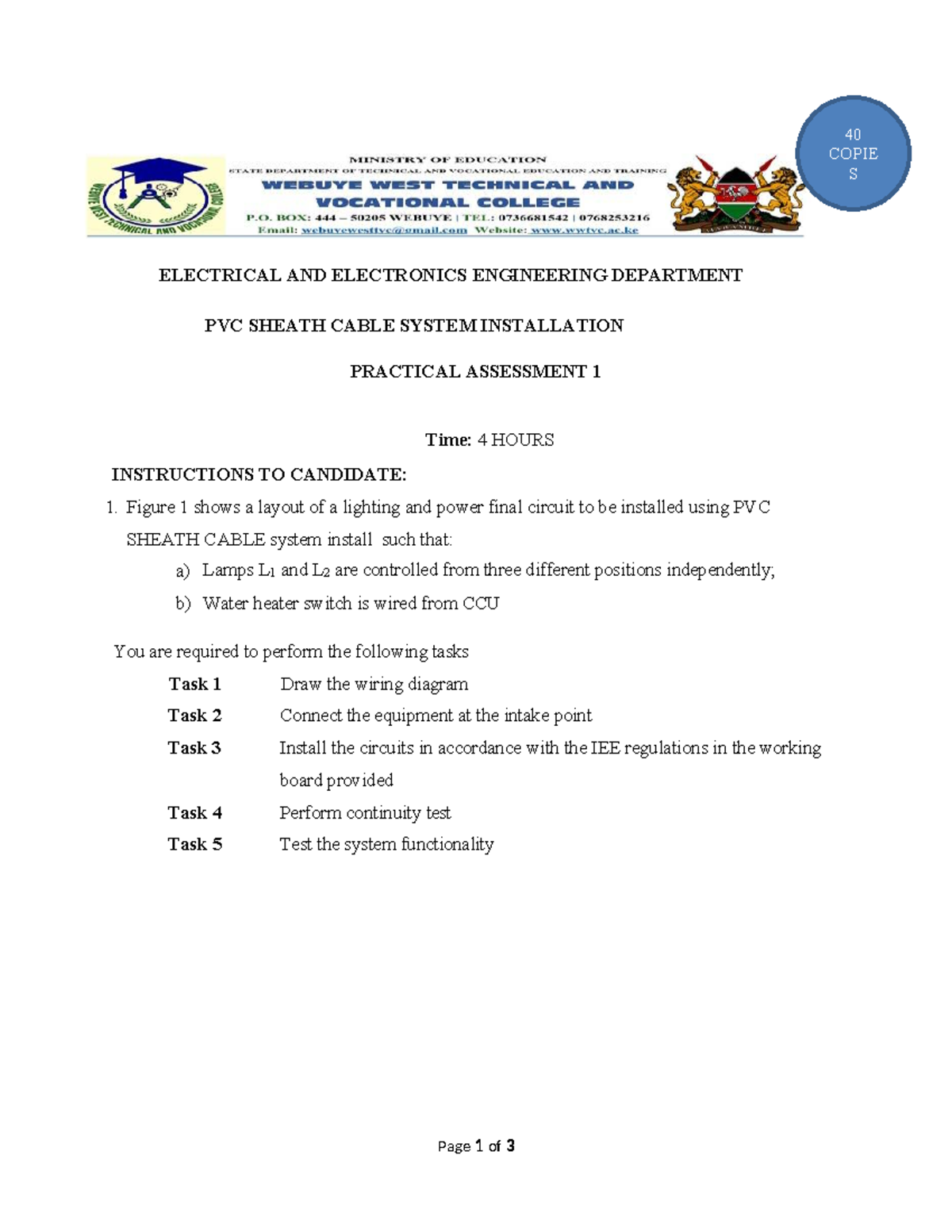Electrical Installation PRAC1: PVC Sheath Cable System Assessment - Studocu