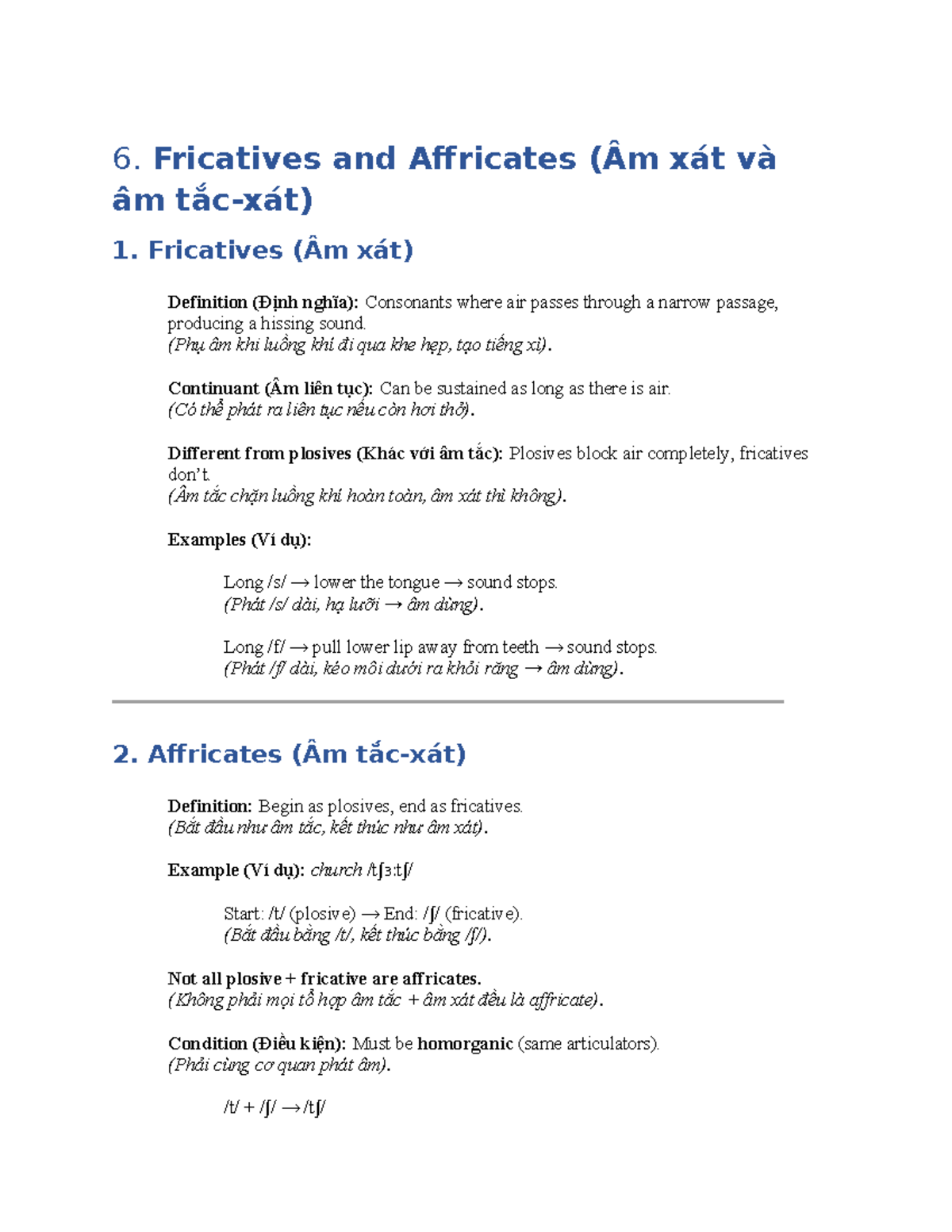 6. Ngữ Âm: Fricatives và Affricates - Tài Liệu EL Phonetics - Studocu