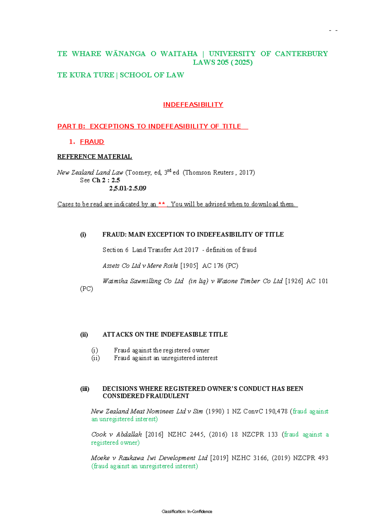 LAWS 205 Indefeasibility Part B: Exceptions to Title Fraud Handout ...