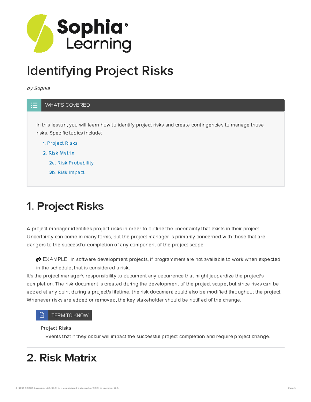 Identifying Project Risks: A Comprehensive Guide (SOPHIA 1.2.8) - Studocu