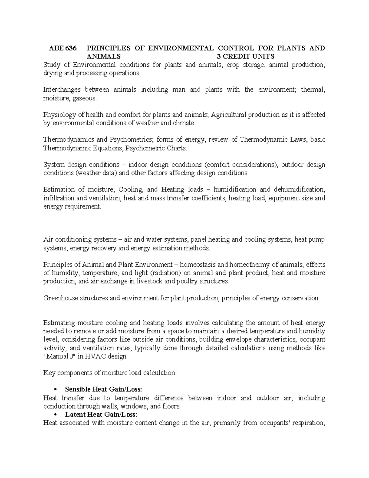 ABE 636 Comprehensive Lecture Notes on Environmental Control Principles ...
