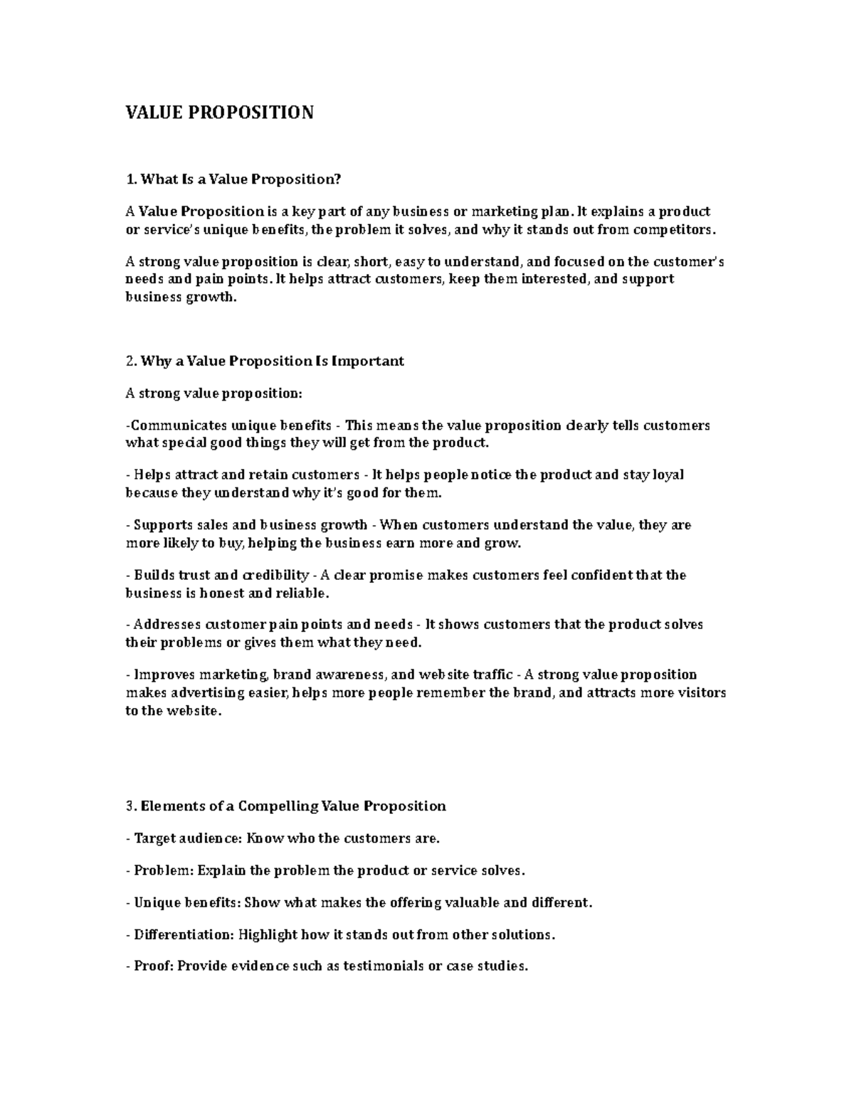 Group 3 - Value Proposition Handouts: Key Elements & Importance - Studocu