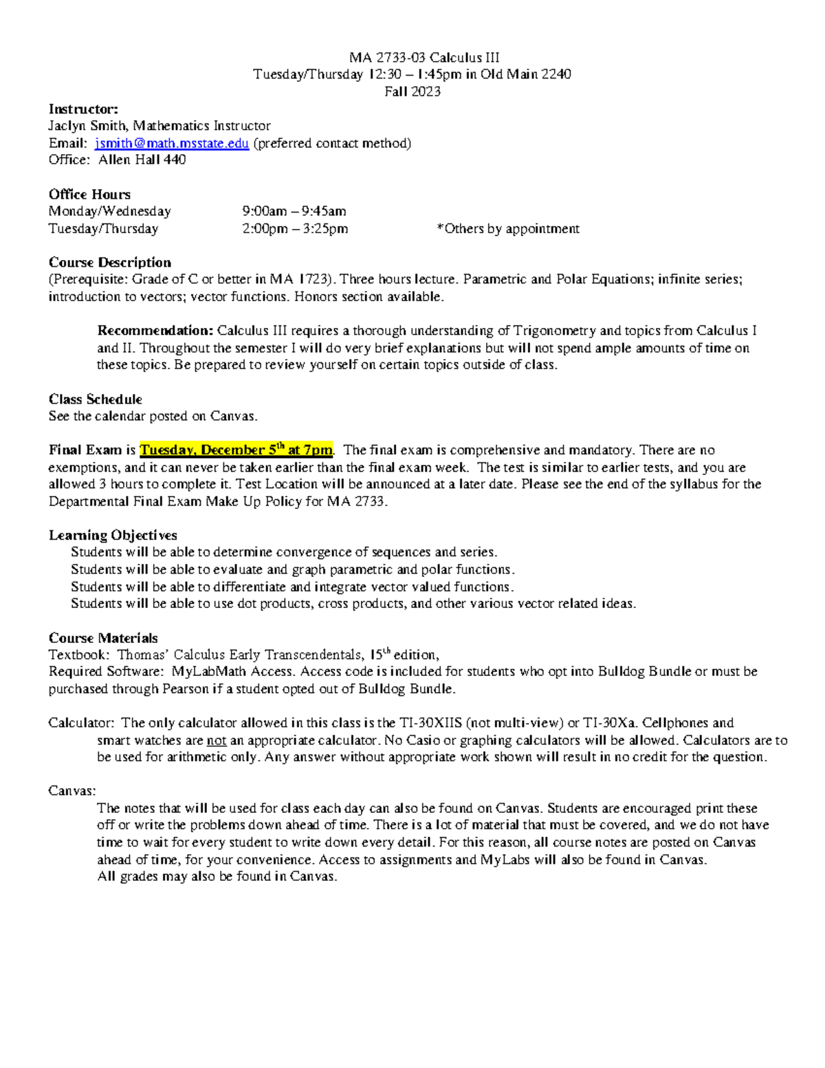 MA 2733-03 Calculus III Syllabus and Course Information Fall 2023 - Studocu