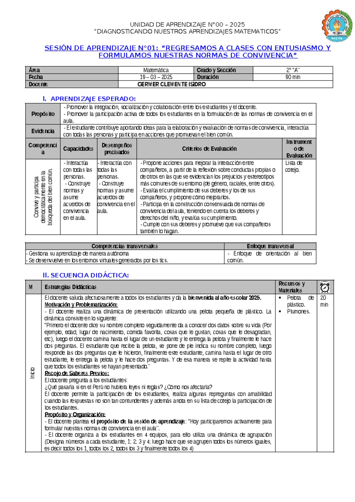 2° Grado - Sesión 1 - UA 2025: Normas de Convivencia en el Aula - Studocu