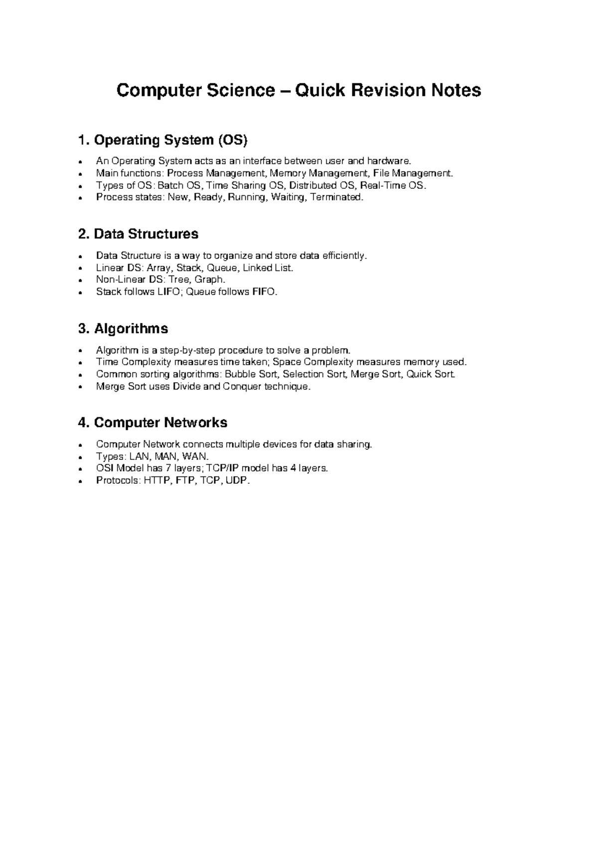 Computer Science Quick Revision Notes: OS, DS, Algorithms & Networks ...