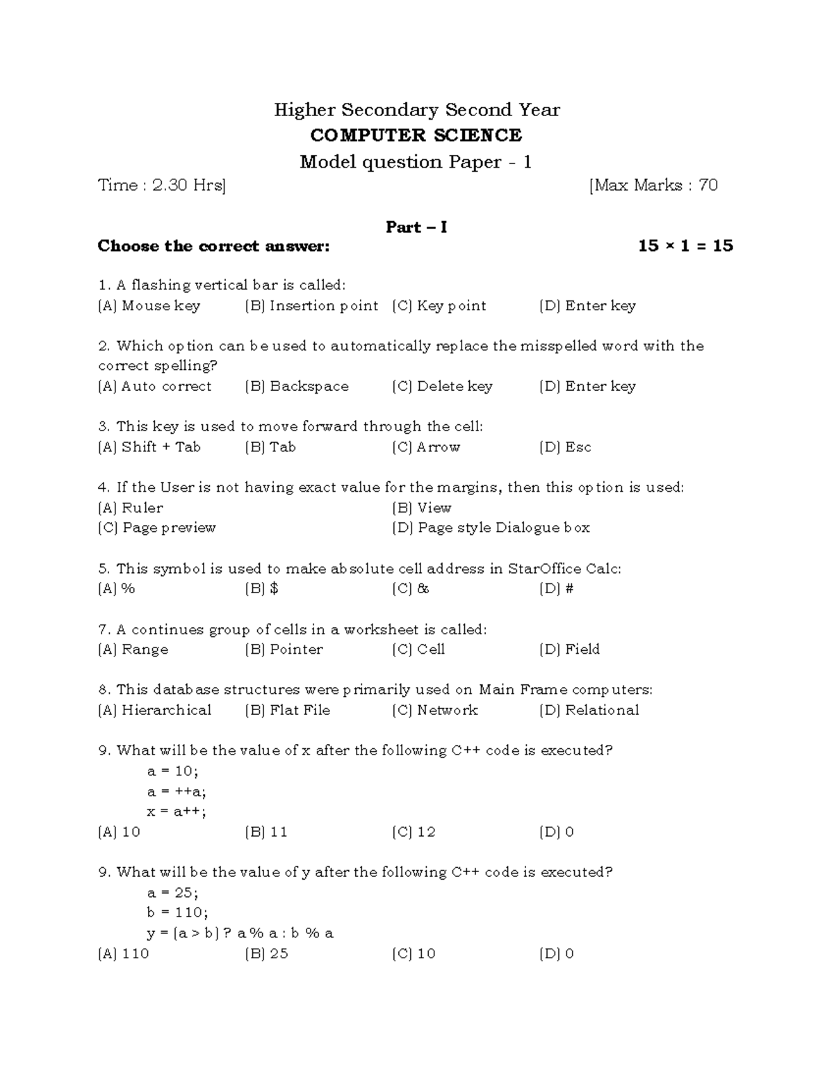 Computer Science - Model Question Paper 1 for Higher Secondary Exam ...