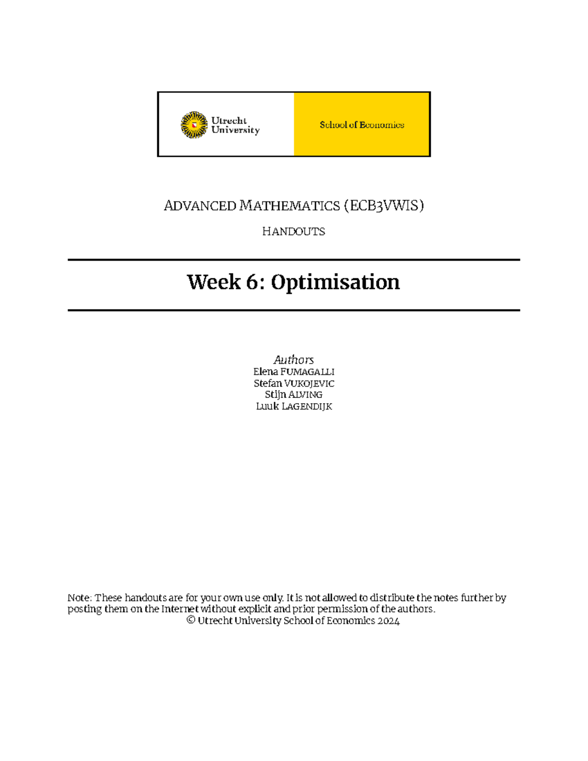 Advanced Mathematics (ECB3VWIS) Week 6 Handouts: Optimisation ...
