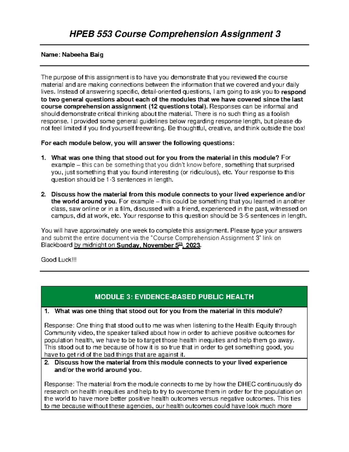 HPEB 553 Course Comprehension Assignment 3 Insights & Reflections - Studocu