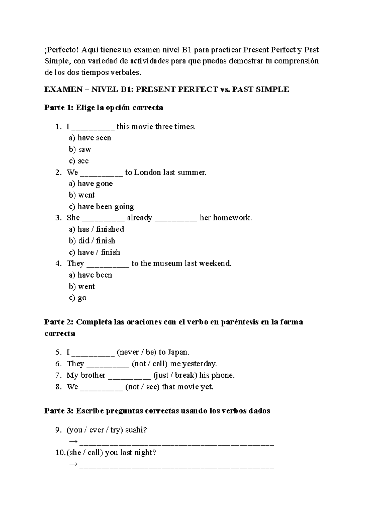 Examen Nivel B1: Present Perfect vs. Past Simple - Práctica y ...