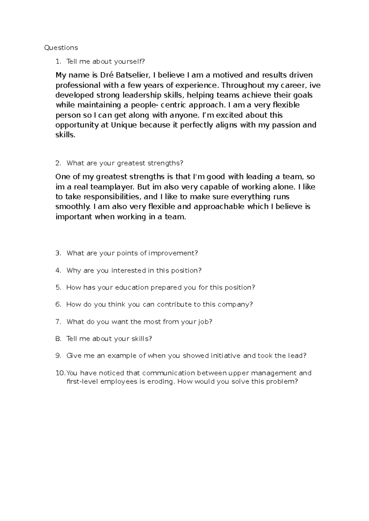 Interview Preparation Questions for Unique Position - Studocu
