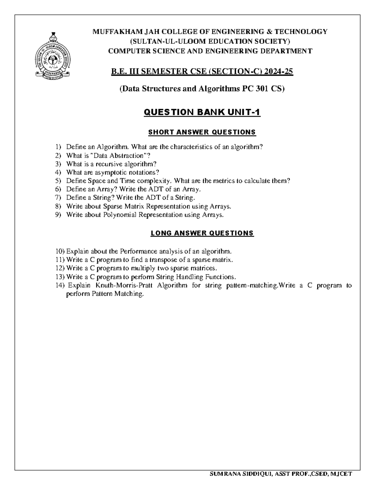 DSA PC 301 CS Unit-1 Question Bank for B. III Semester CSE - Studocu