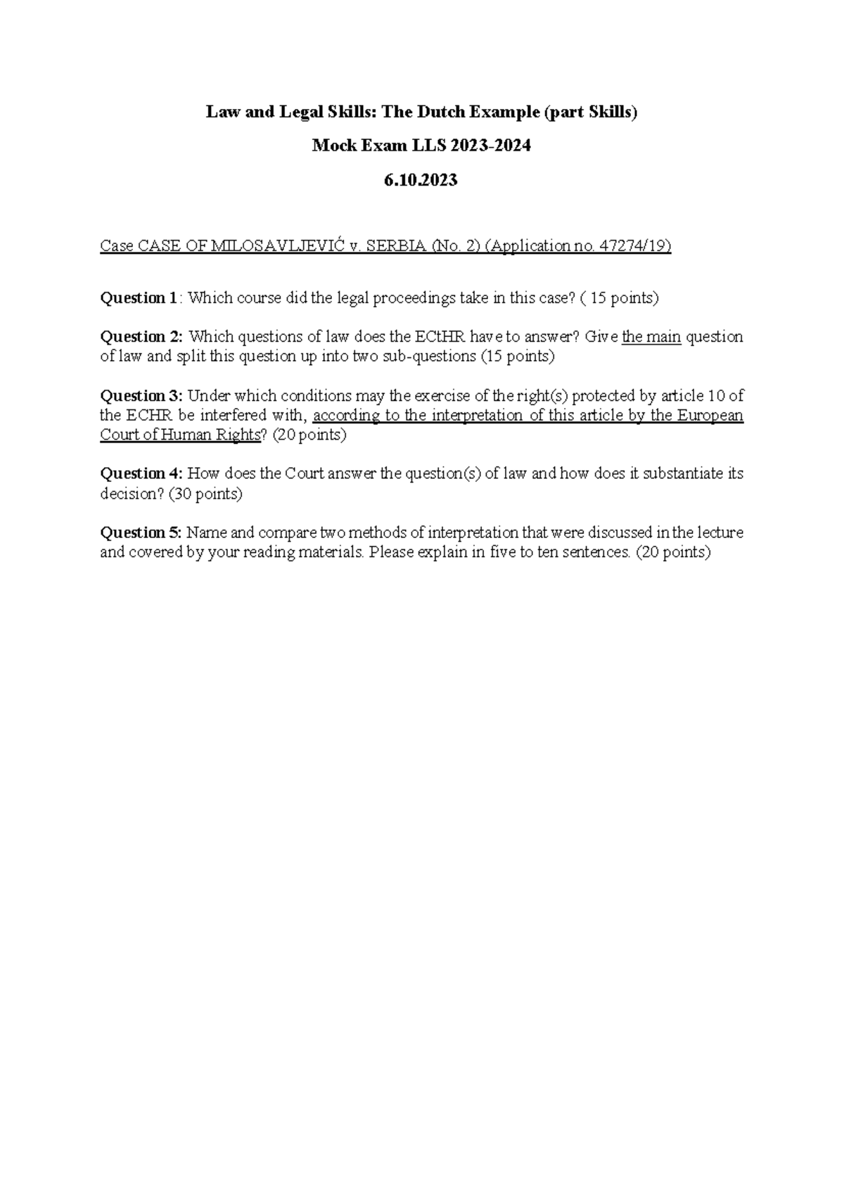 Mock Exam LLS 2023: Skills Questions on Legal Interpretation and Case ...