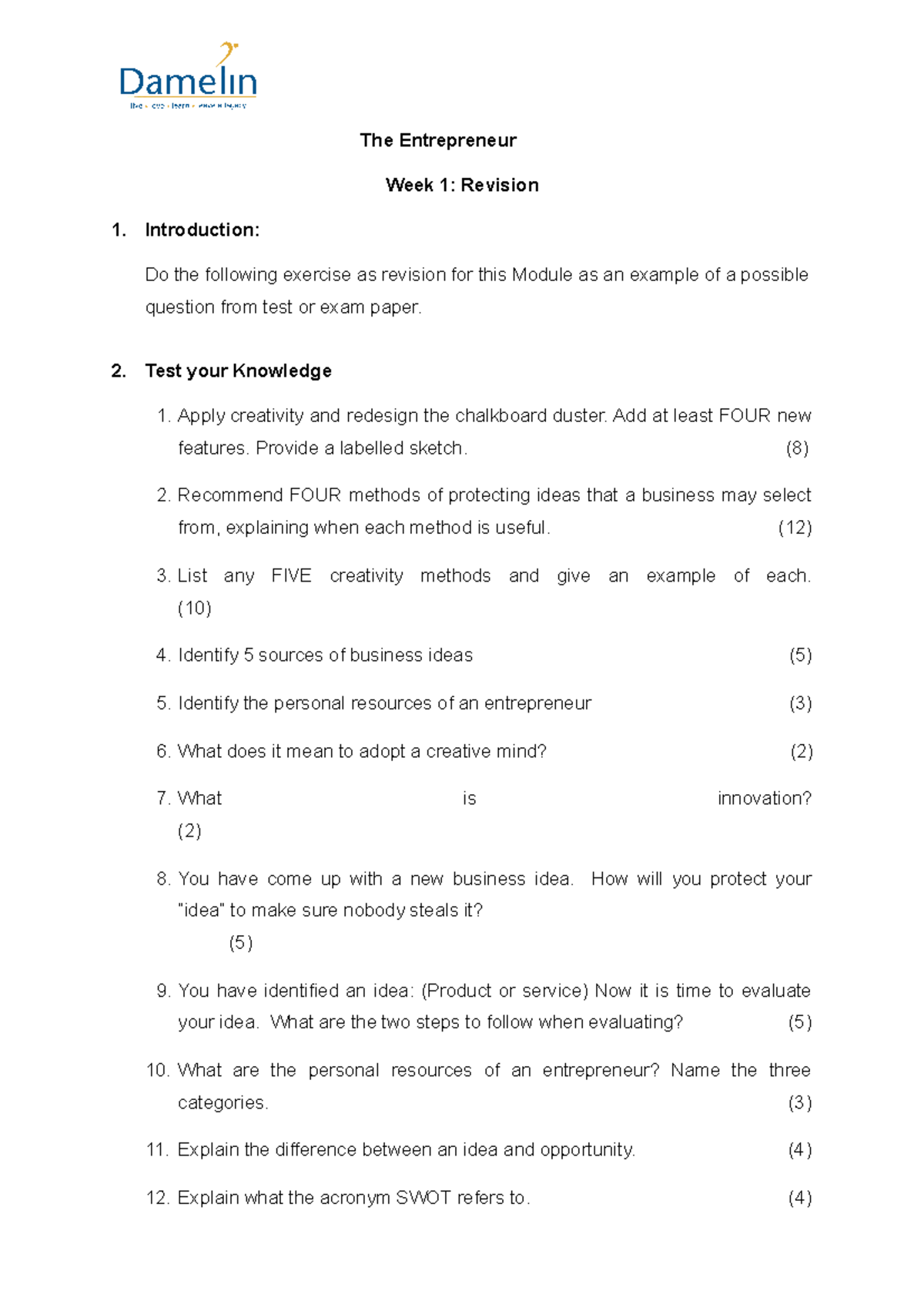 Week 2 Revision: Entrepreneur Module MEC - Knowledge Checks & Exercises ...