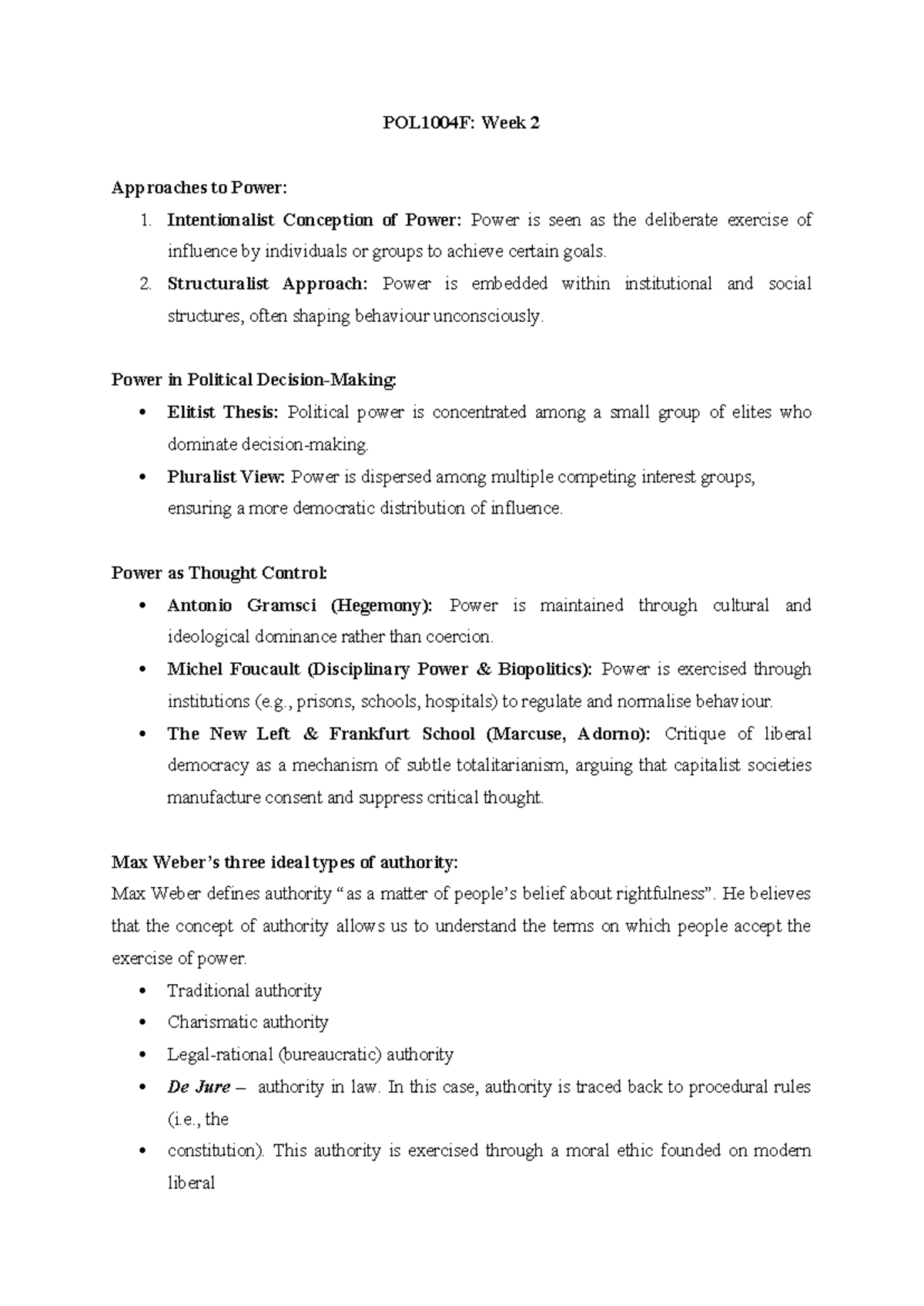Week 2 - week 2 summary - POL1004F: Week 2 Approaches to Power: 1 ...