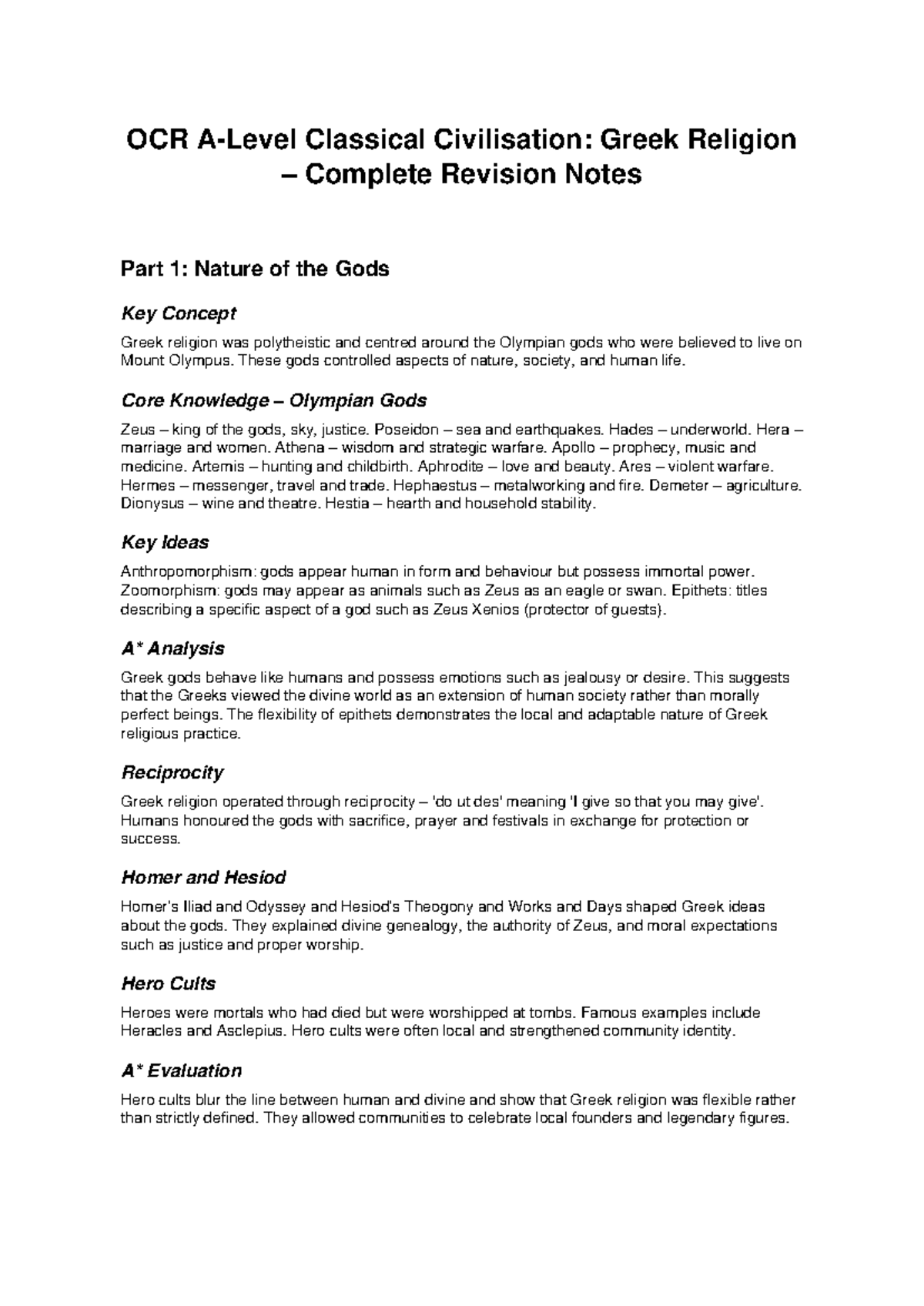 Greek Religion A Level Revision Notes: Complete Guide to Olympian Gods ...