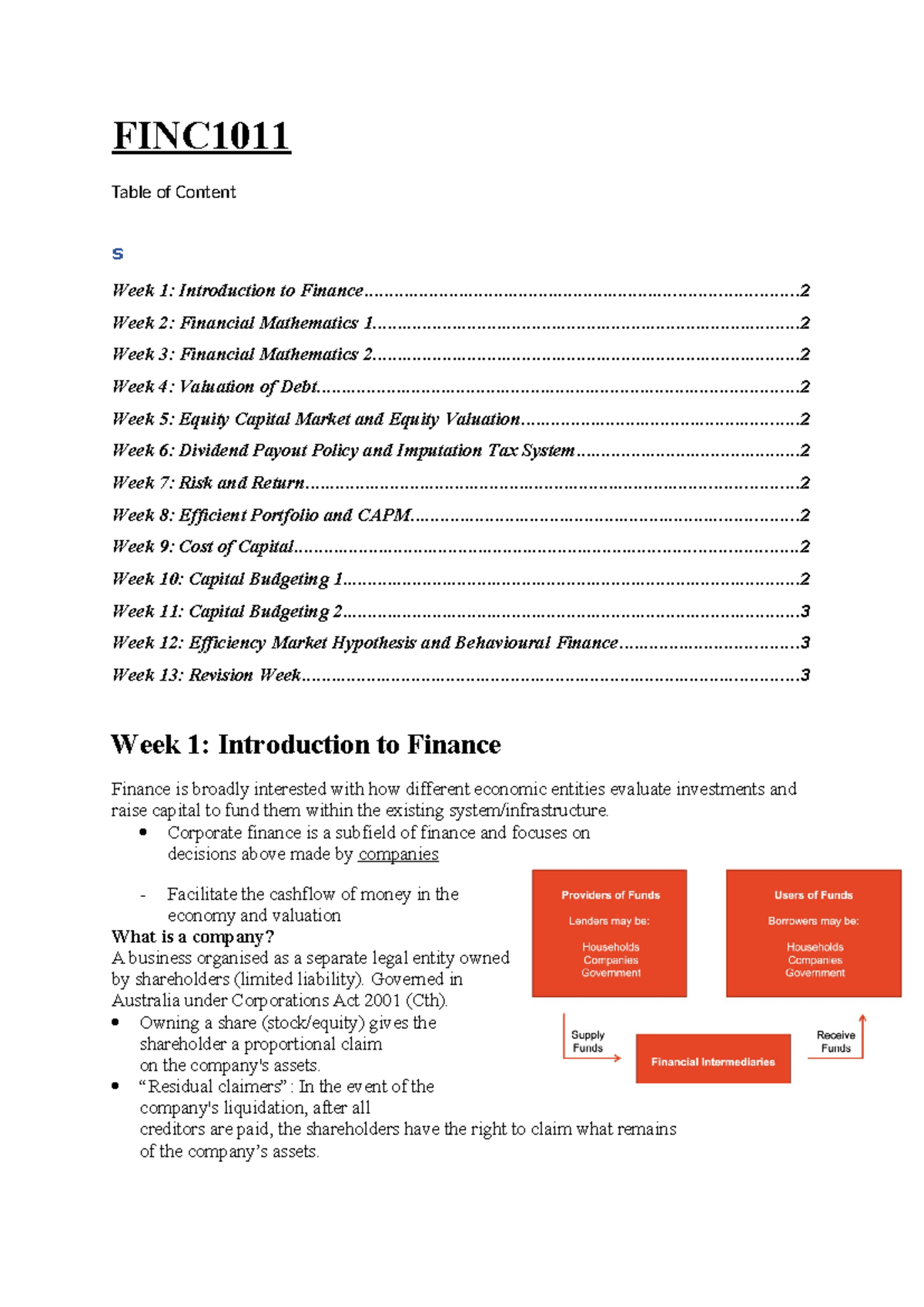 FINC1011- Lecture 1 - FINC Table of Content s Week 1: Introduction to ...
