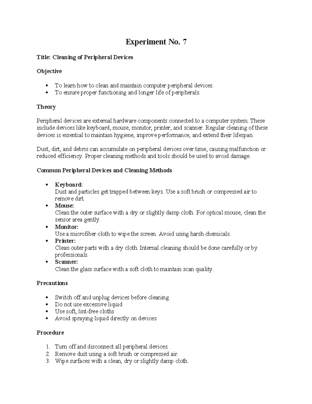 Experiment No. 7: Cleaning & Maintenance of Peripheral Devices - Studocu