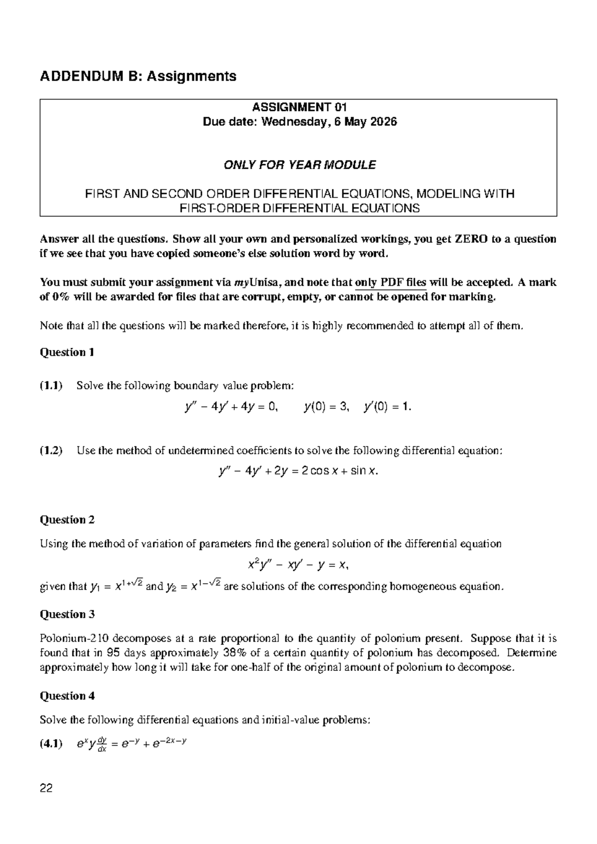 Differential Eq Assignment 01: First & Second Order DEs Tasks - Studocu
