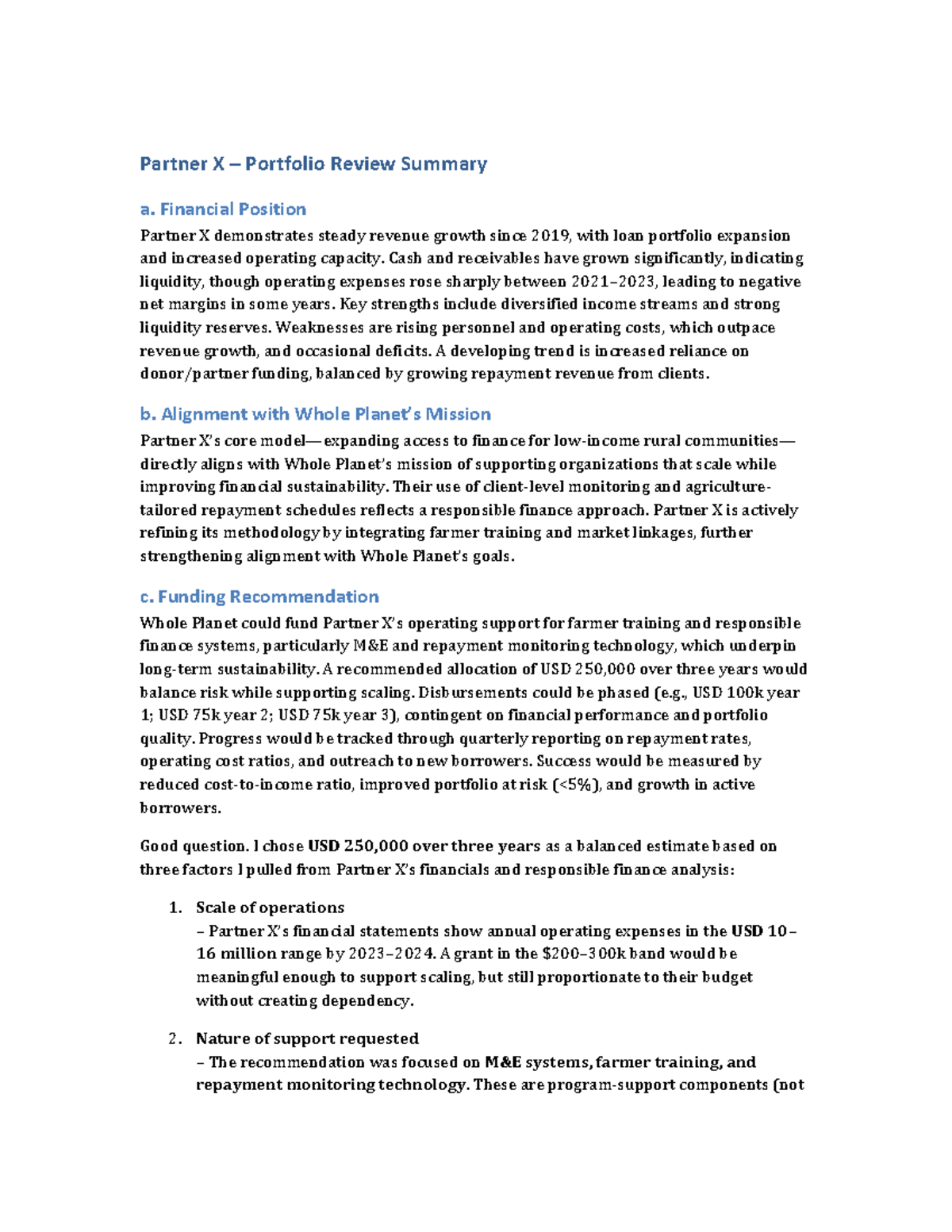 Partner X Portfolio Review Summary: Financial Position & Funding ...