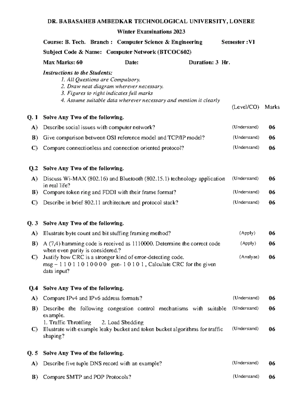 BTCOC602: Key Questions on Computer Networks from 5 University Papers ...