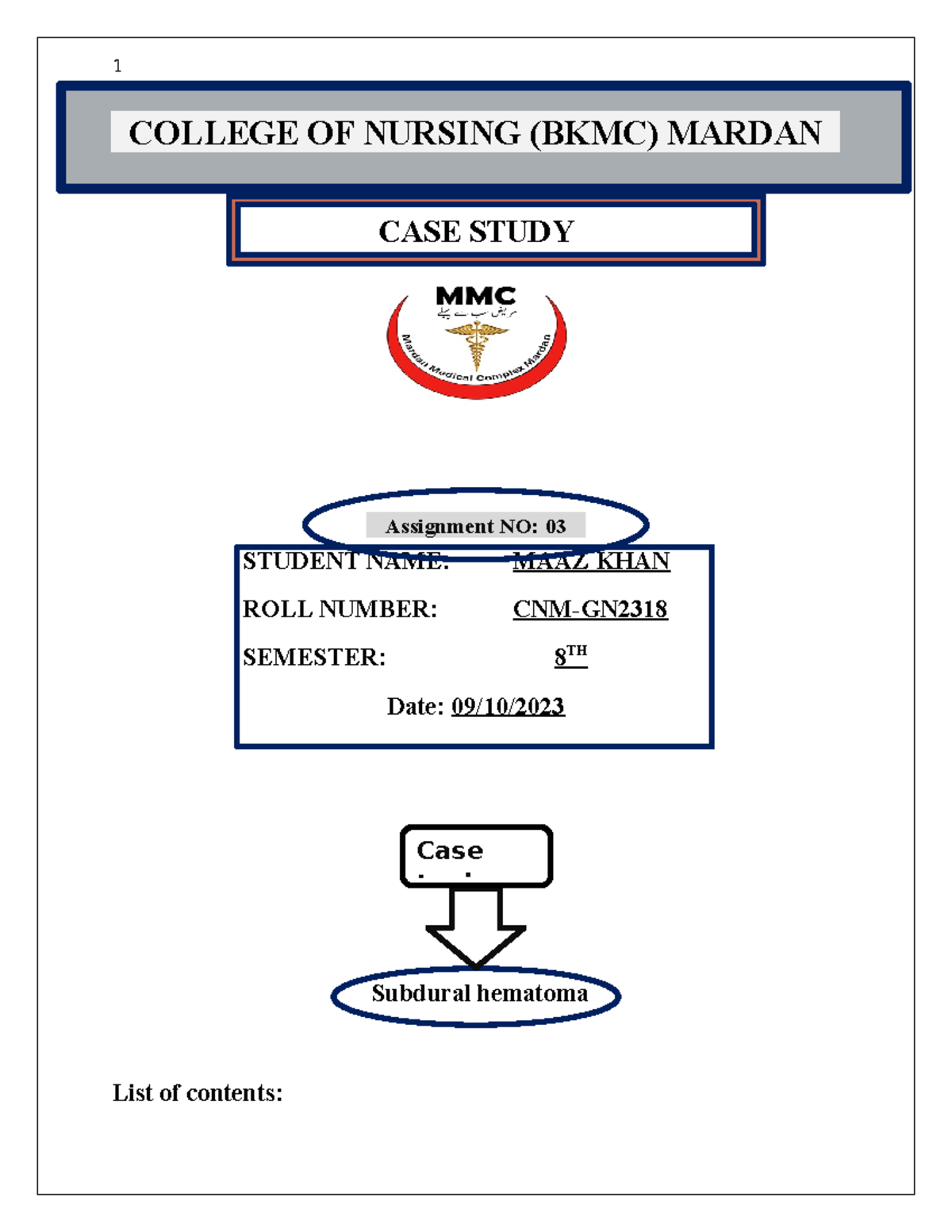 Maaz Khan's Case Study on Subdural Hematoma - CNM-GN 8th Sem - Studocu