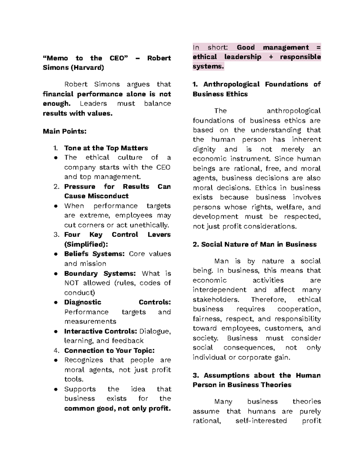 Ethics in Business: Balancing Performance and Values (BUS 101) - Studocu