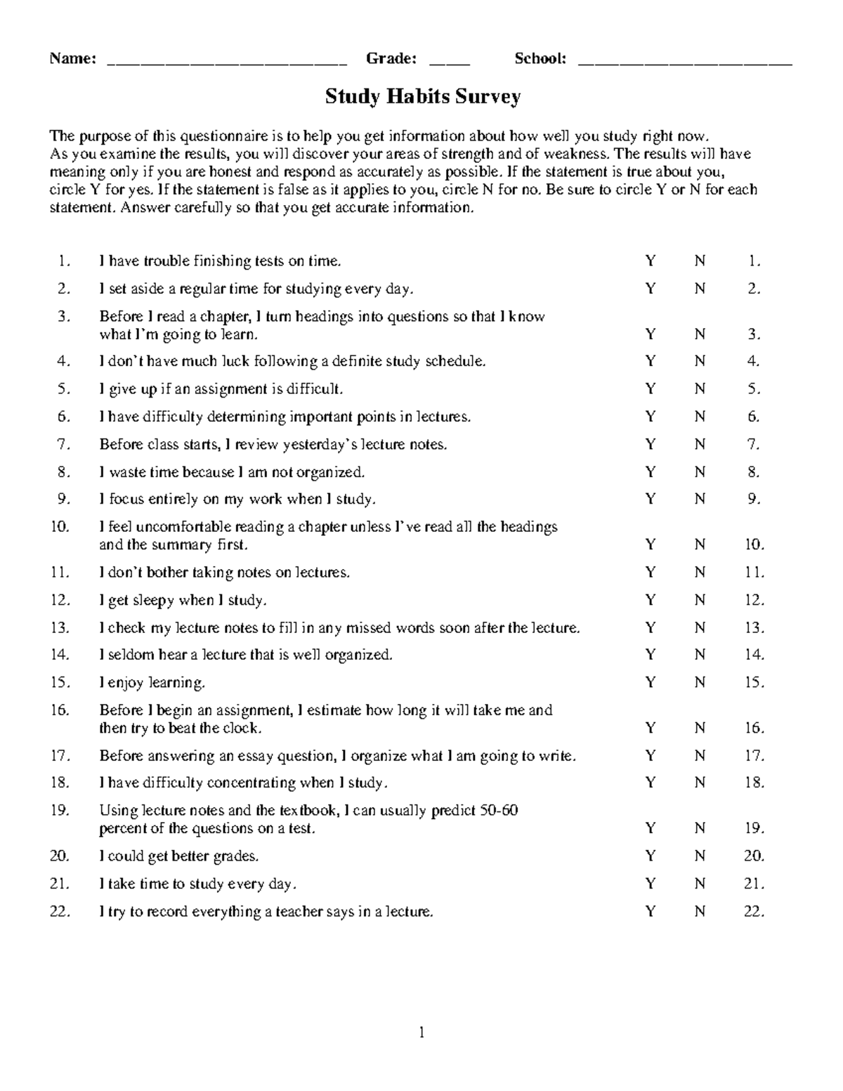 Student Study Habits Survey: Assessing Your Study Effectiveness - Studocu